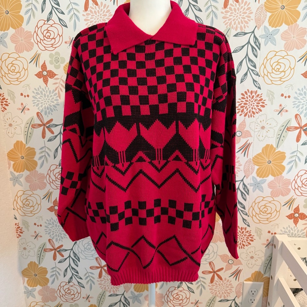 Vintage Teasers Oversized Graphic Knit Sweater Dark Pink Black Size L